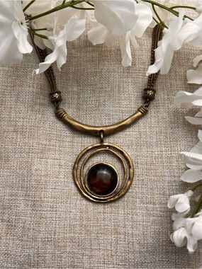 VINTAGE Bronze Gold Boho Statement Necklace with Gemstone Pendant